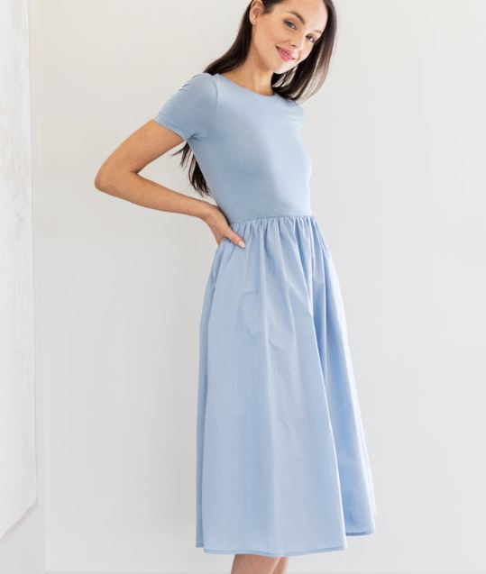 Alyce Short Sleeve Midi Poplin Dress in Positano Priv