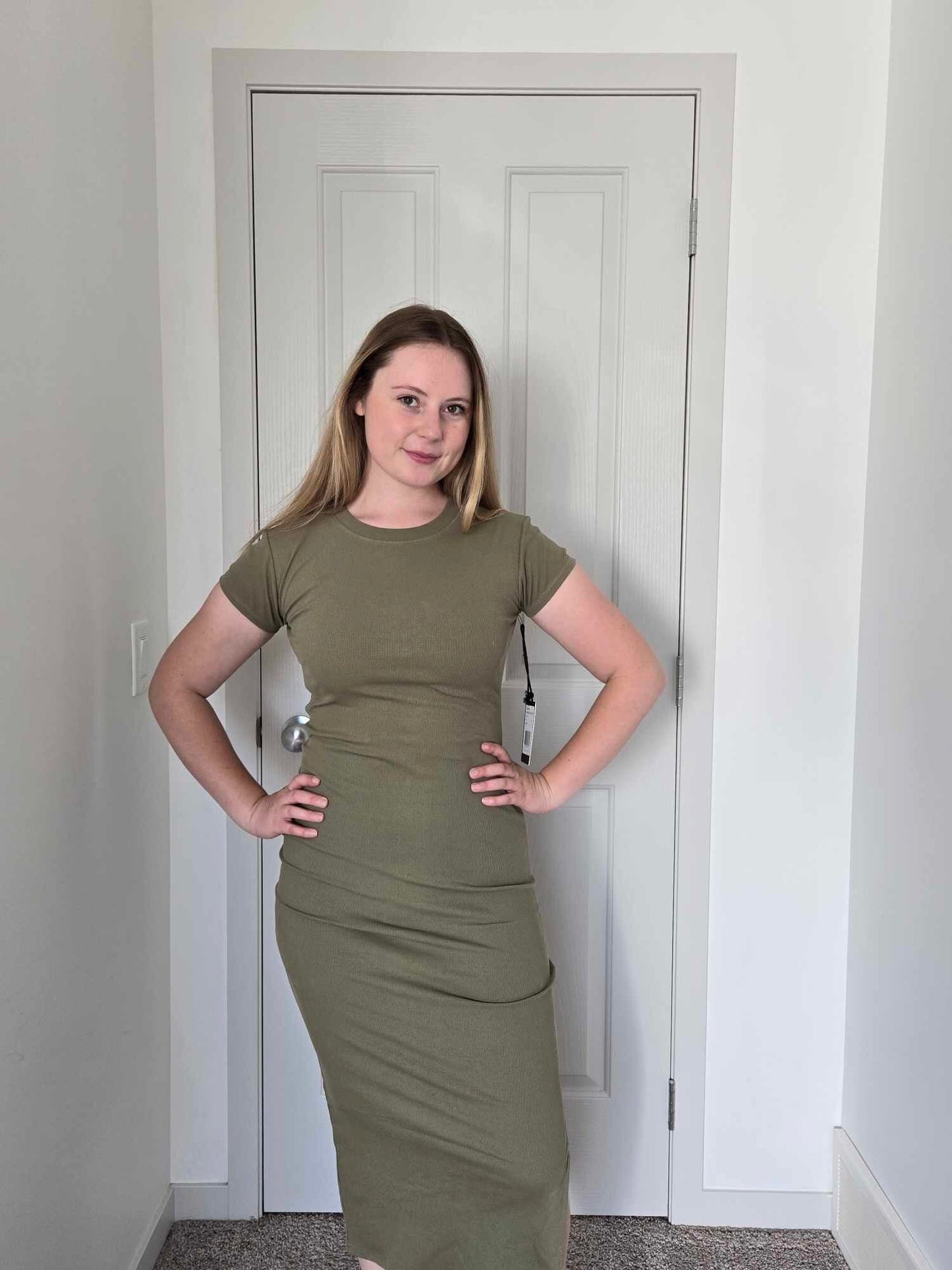 Brunette Ribbed Fitted Tee Dress - Olive tee Brunette the Label