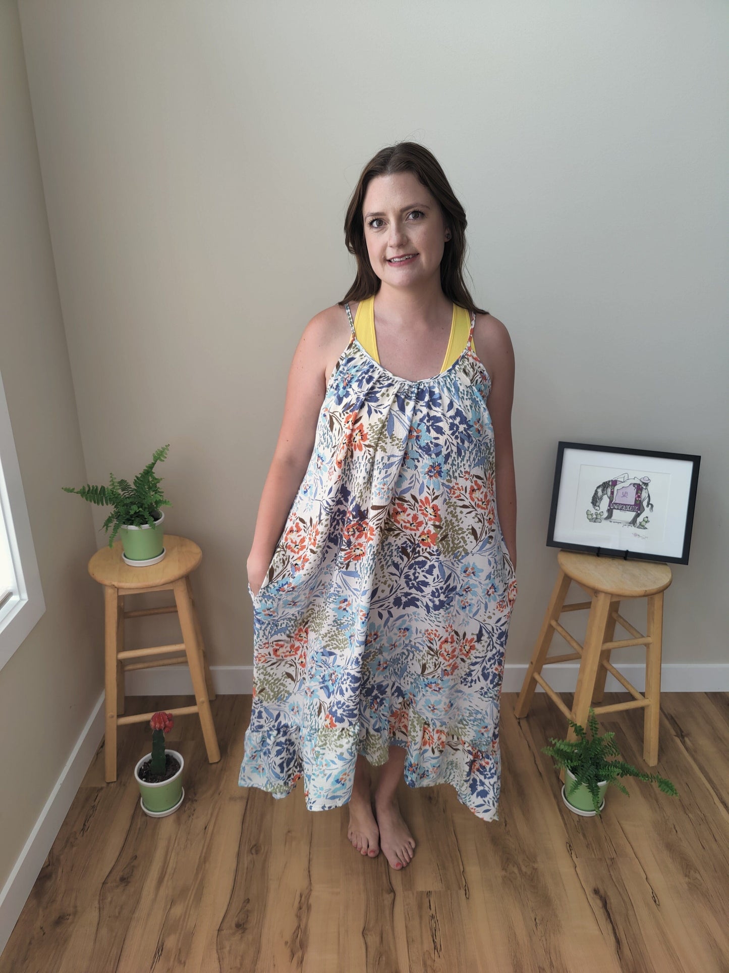 Ellie Ruffle Midi Dress - Brown Floral Dress Three Bird Nest