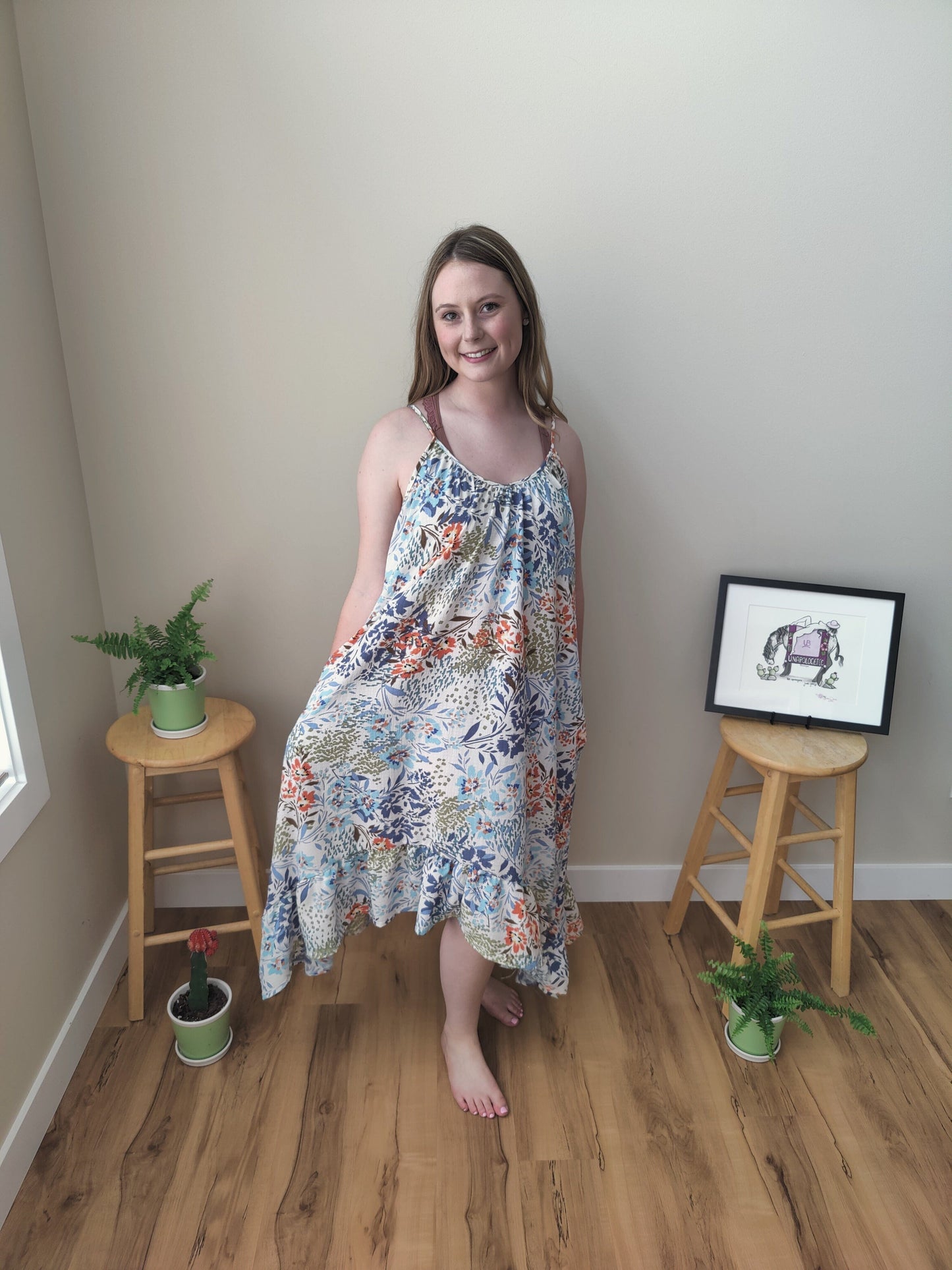 Ellie Ruffle Midi Dress - Brown Floral Dress Three Bird Nest