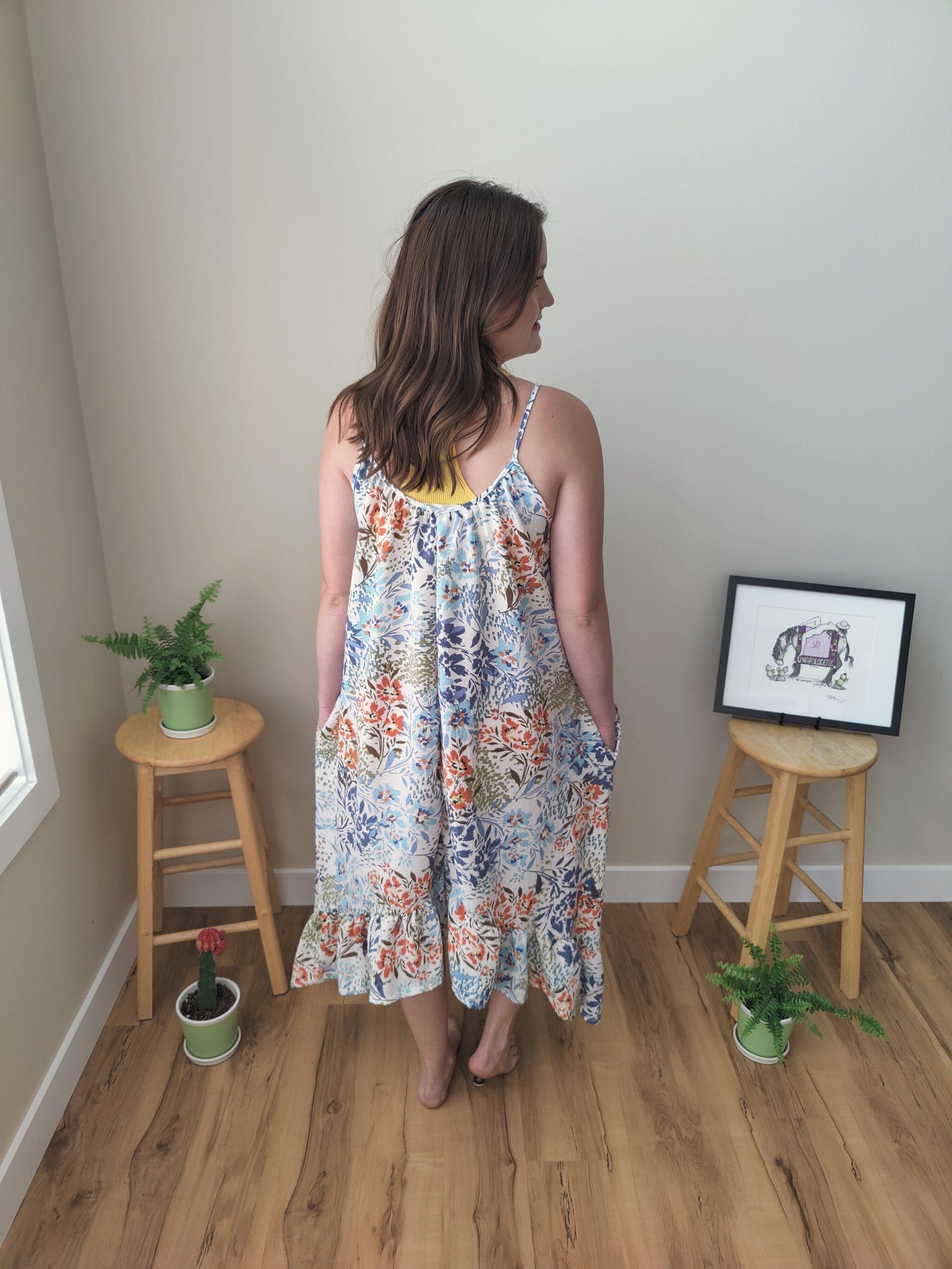 Ellie Ruffle Midi Dress - Brown Floral Dress Three Bird Nest