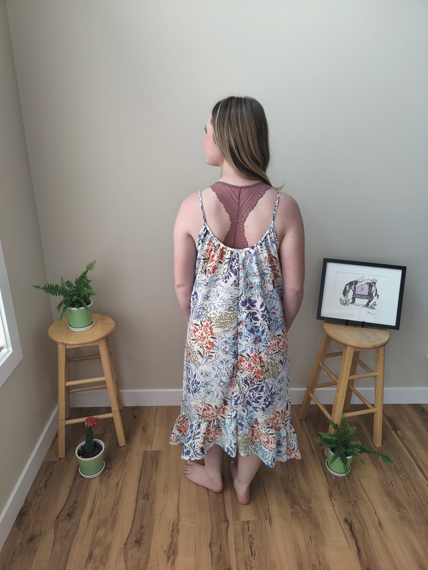 Ellie Ruffle Midi Dress - Brown Floral Dress Three Bird Nest