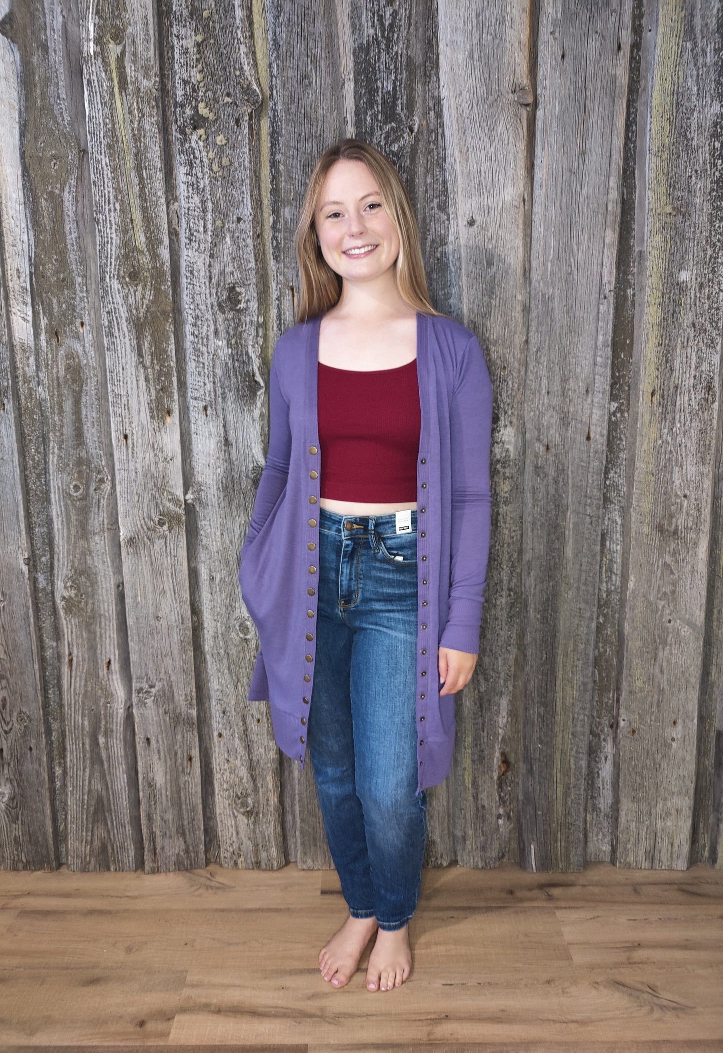 Janie Snap Button Cardigan - Eggplant Cardigan Zenana