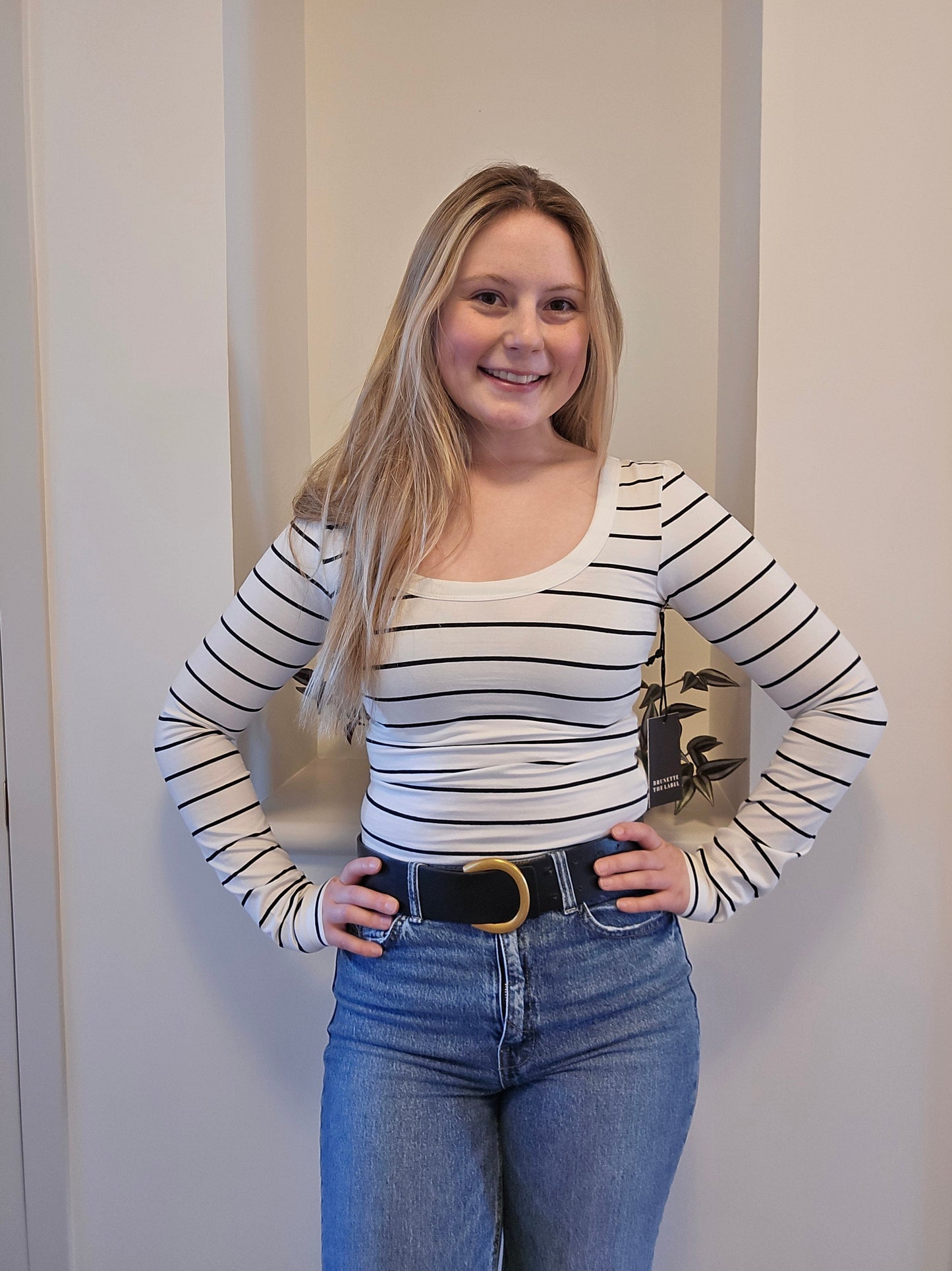 Brunette Long Sleeve Scoop Neck Shirt - Black and White Stripe tee Brunette the Label 