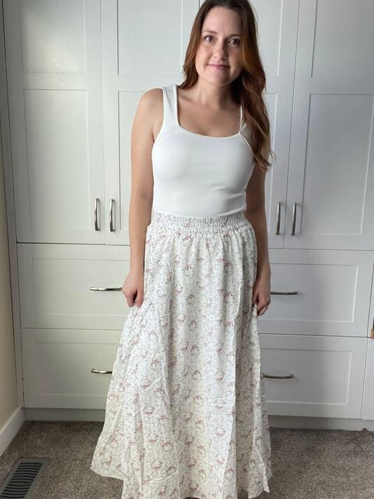 Chloe Midi Skirt in White Floral by Priv Unapologetic Boutique 