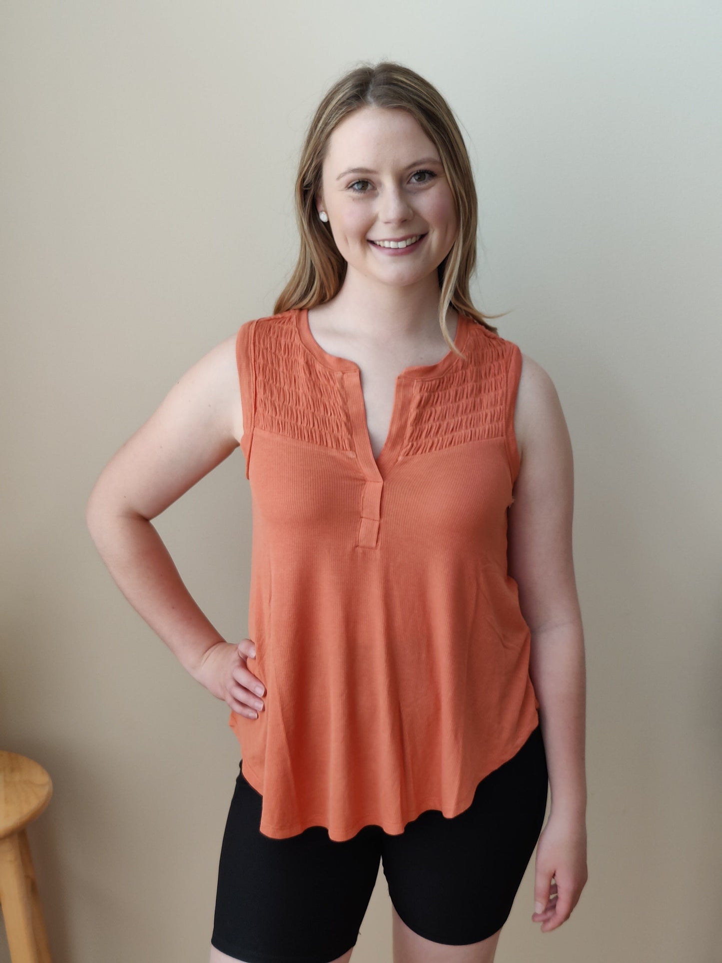 Smocked Ribbed Sleeveless Top - Sunset Grace & Lace 