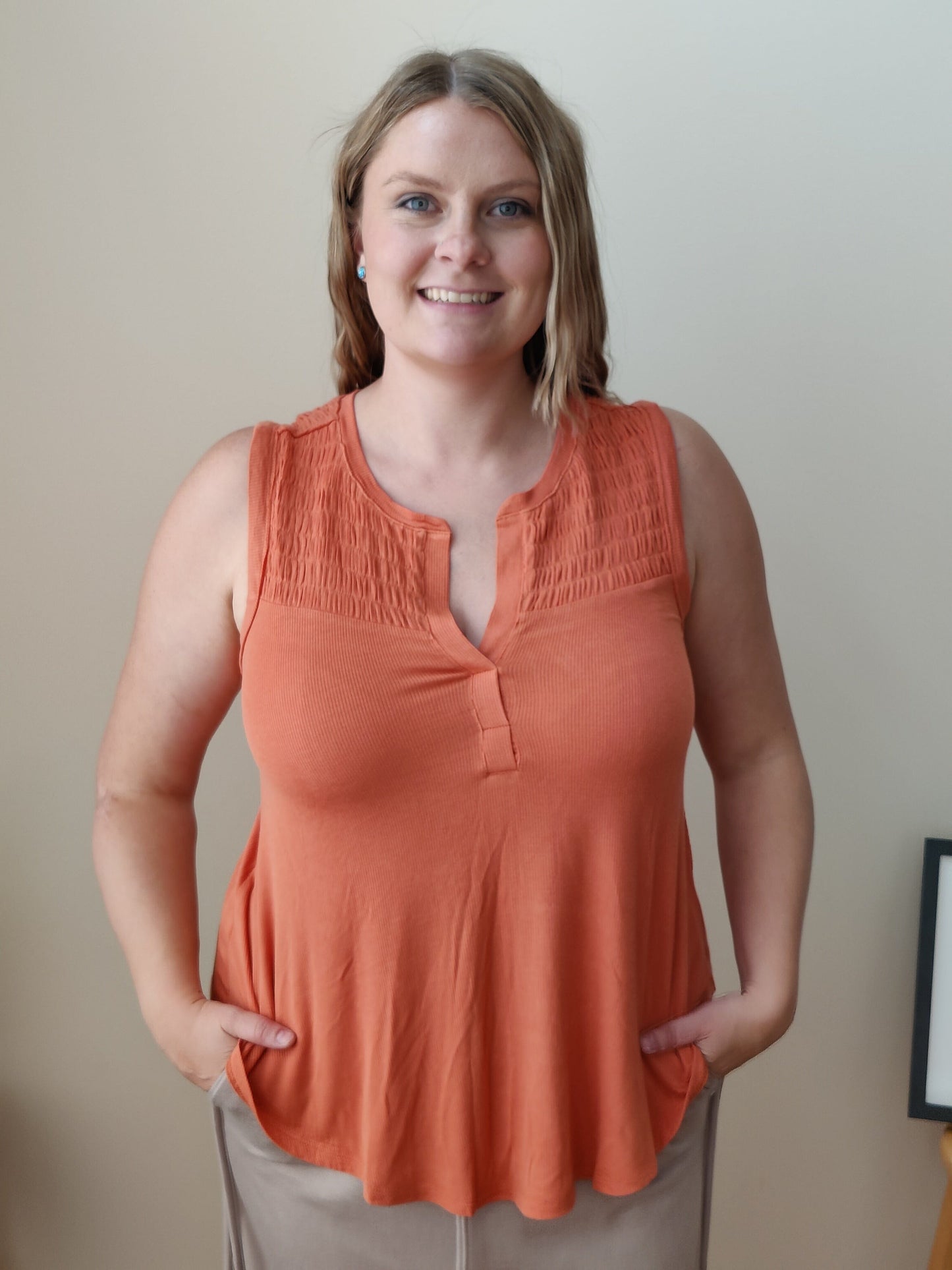 Smocked Ribbed Sleeveless Top - Sunset Grace & Lace 